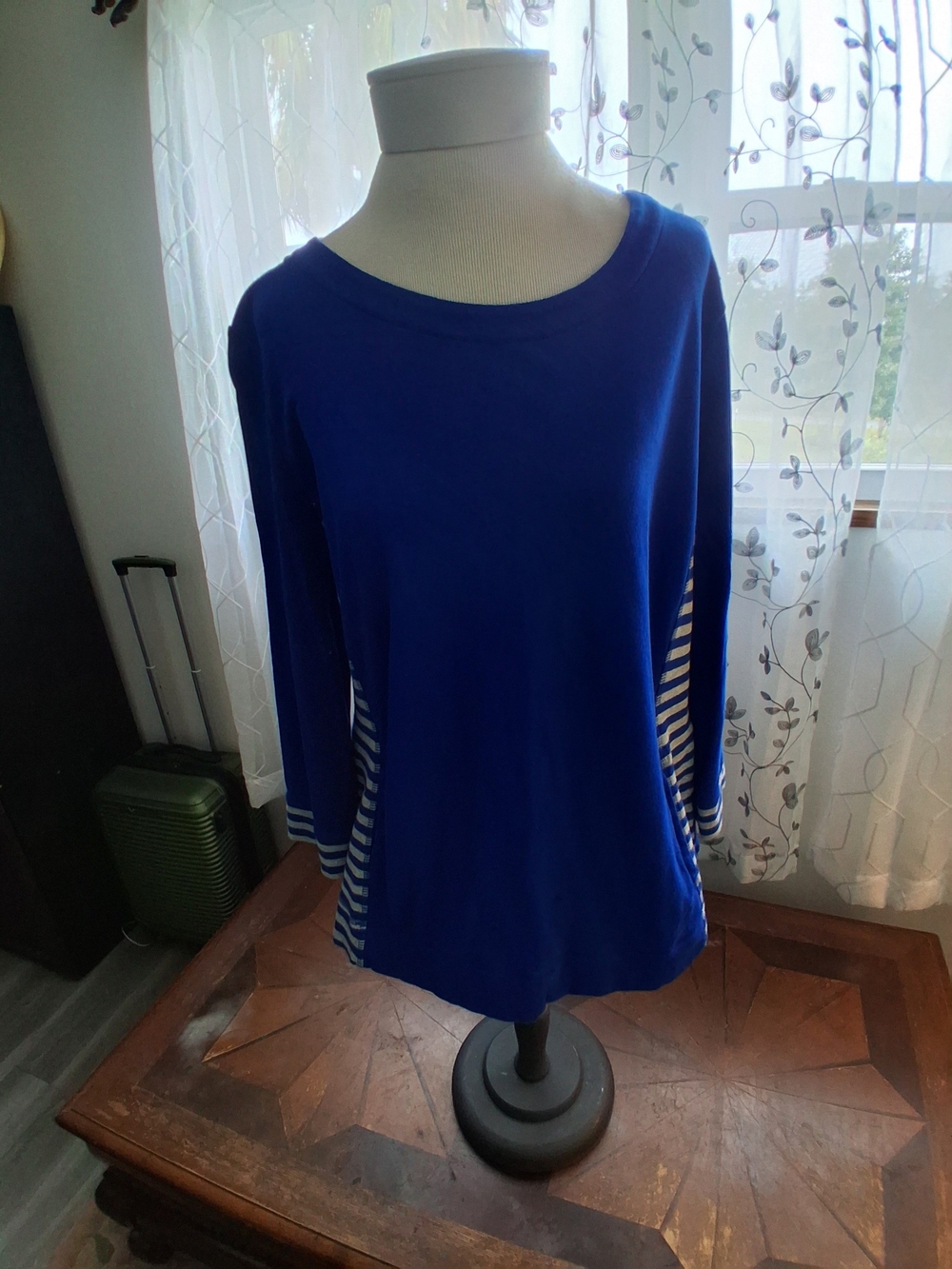 Kim Rogers Royal Blue Long Sleeve Top with Navy & White Striped Side Panels